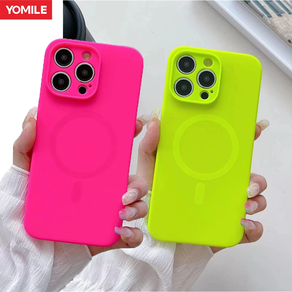 Fashion Bright Fluorescent Liquid Silicone Magnetic For Magsafe Case For iPhone 16 15 14 13 Pro Max Plus Wireless Charge Cover