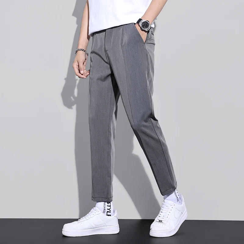 Summer Thin Ice Silk Casual Pants Men's Korean Slim Elastic Straight Sleeve Pants Business Casual Pants Black Gray