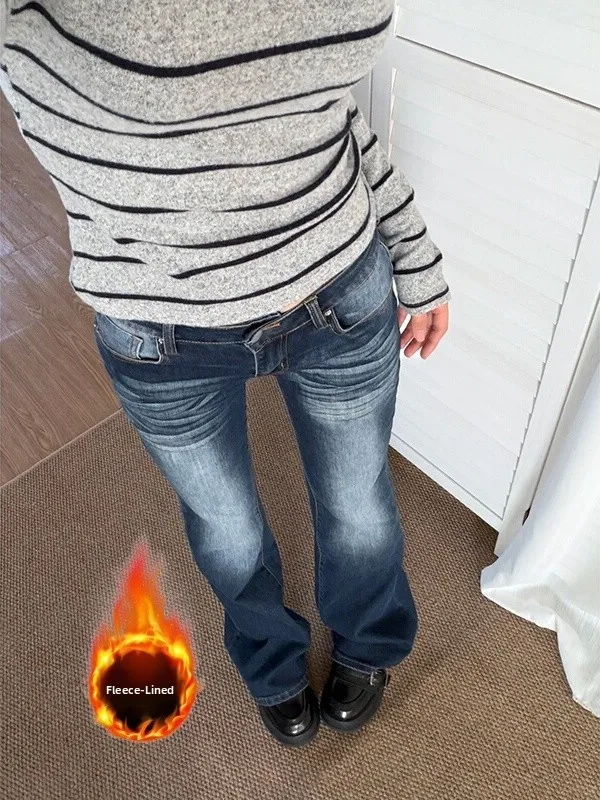 

Thiened Fce Women's Bootcut Jeans Retro Sle Low Waist Button Closure Slimming Warm Winter Faion Ladies' Denim Pants