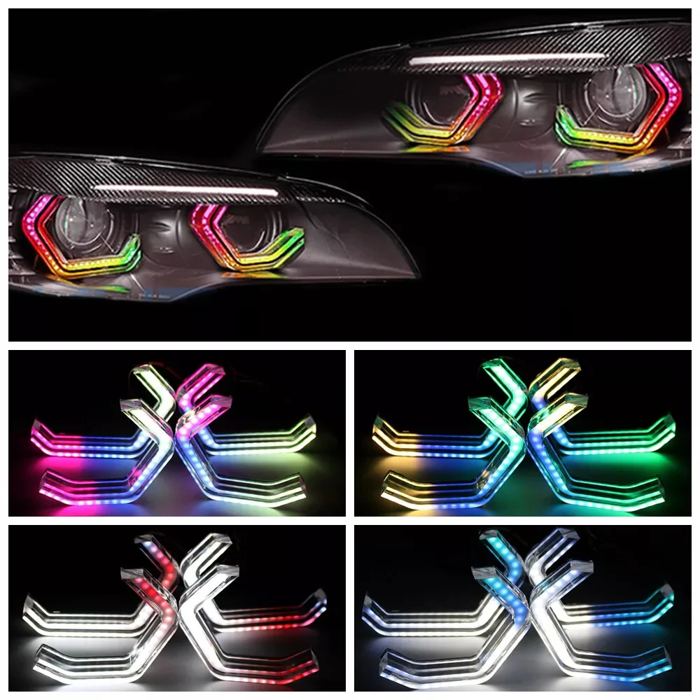 Car 4PCS WRGB Flowing Crystal Angel Eye Halo Ring Diamond Bluetooth-compatible APP Control DRL Decorative Light Car Accessories