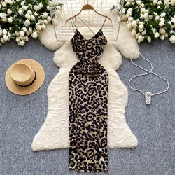 Vintage Hollow Out Elegant  Leopard Chic Sleeveless Asymmetrical Straps Dresses Korean Fashion High Street Women Summer Clothing