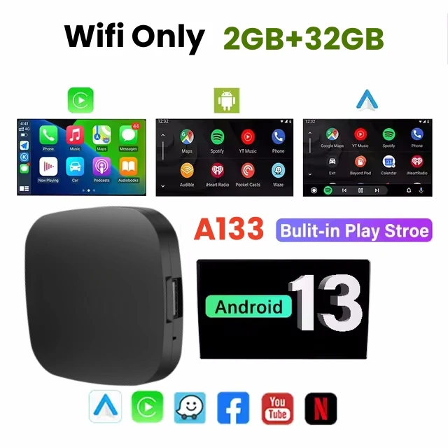 Android 13 Ai Box Bedraad naar Draadloos Carplay Android Auto Adapter WiFi Voor Youtube Nexflit Auto's Smart Ai Box Bulit in Play Stroe