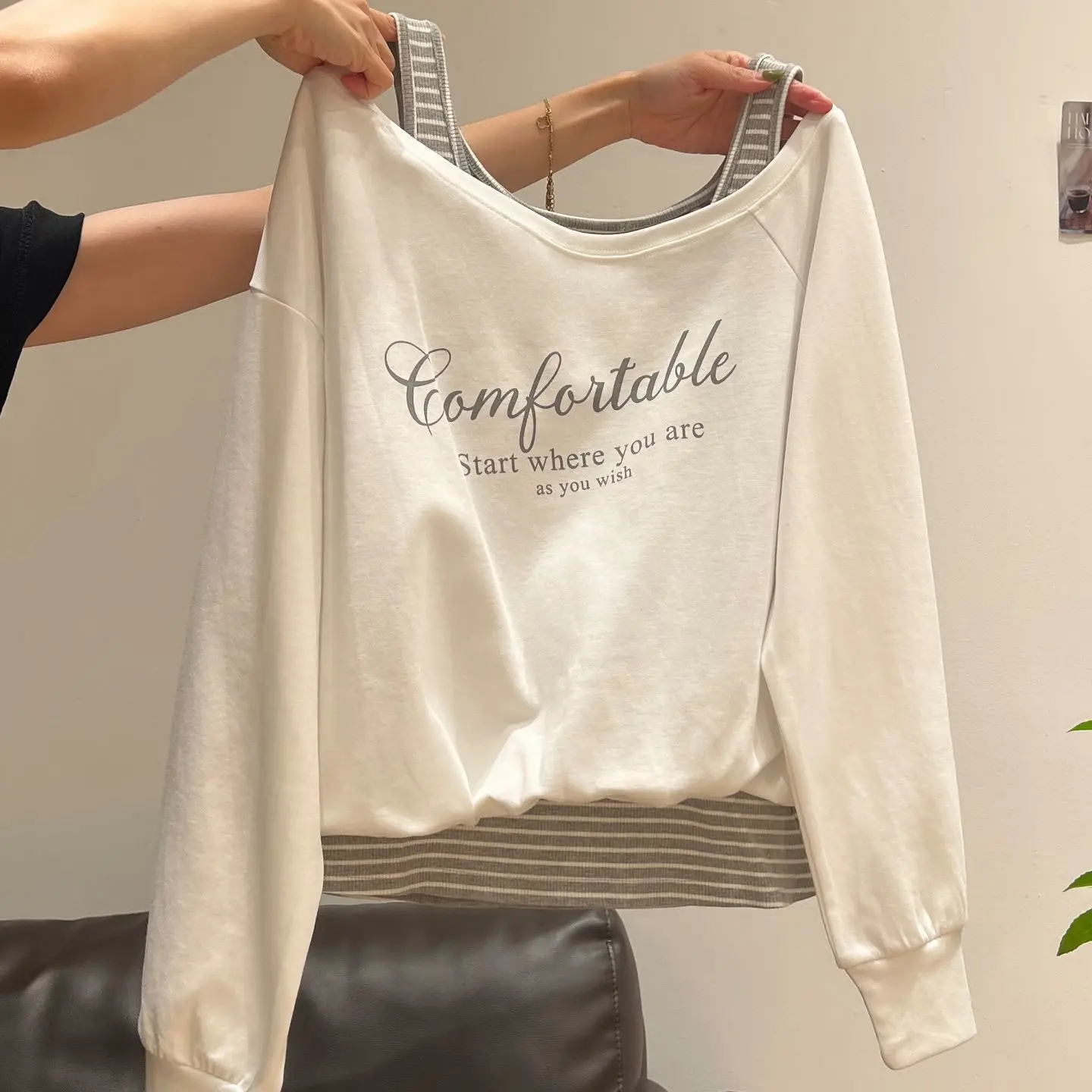 Fashionable Color Block Long Sleeve Sweatshirt Women's Shoulder Print Top Spring Autumn New Design Casual Comfortable Cotton ...