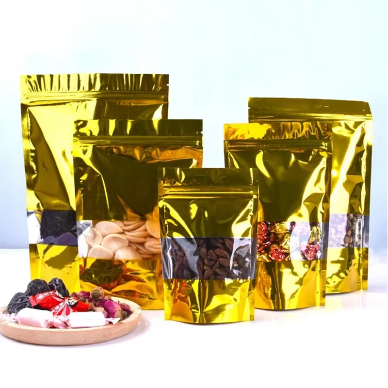 

100PCS Gold Stand-Up Foil Bags - Glossy Aluminum Ziplock Pouches with Window for Coffee, Snacks，Candy DIY Gift Packaging