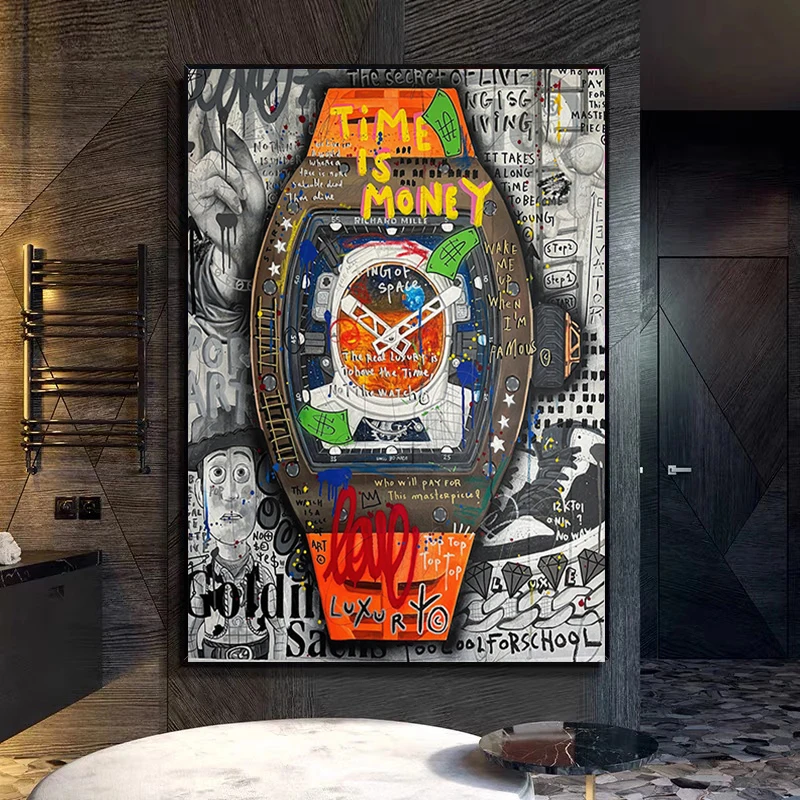 Affiche d'art Graffiti de rue de motivation, impression de l'heure est l'argent, montre de luxe, peinture sur toile pour salon, décoration murale de la maison