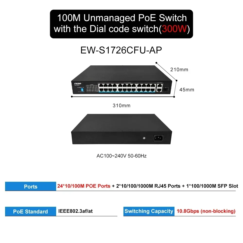 EWIND POE Switch 16/24 Ports 10/100/1000 Mbit/s Uplink RJ45 Ports und 1 100/1000 M SFP Slot AI Smart Switch, für NVR oder Kameras