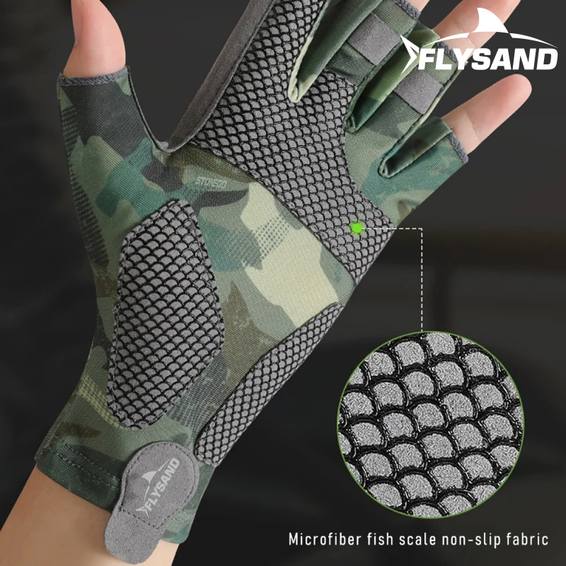 FLYSAND Professional UV ถุงมือตกปลาผู้ชายผ้าไหมน้ําแข็ง Fingerless ยืดหยุ่นสูงลื่นสวมใส่ขี่จักรยานถุงมือกลางแจ้ง L/XL