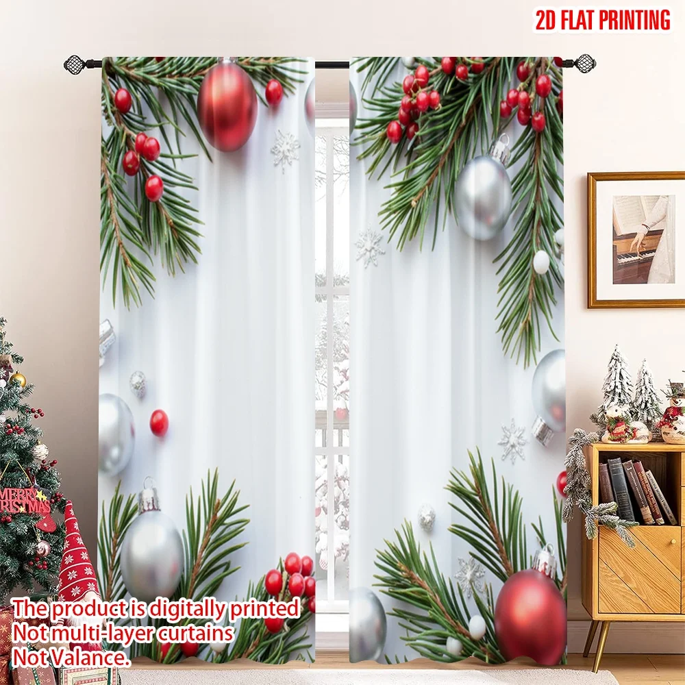 

2pcs 2D flat printing Christmas Window Drapes Christmas Ornaments Fir Berries Silver Polyester Without Electricity 0 Perfect for