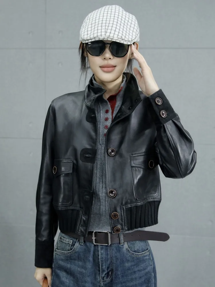 Autumn Vintage Women Single Breasted Genuine Leather Jacket Stand Collar Spliced Casual Outwear Coat Motorcycle Riding Jackets