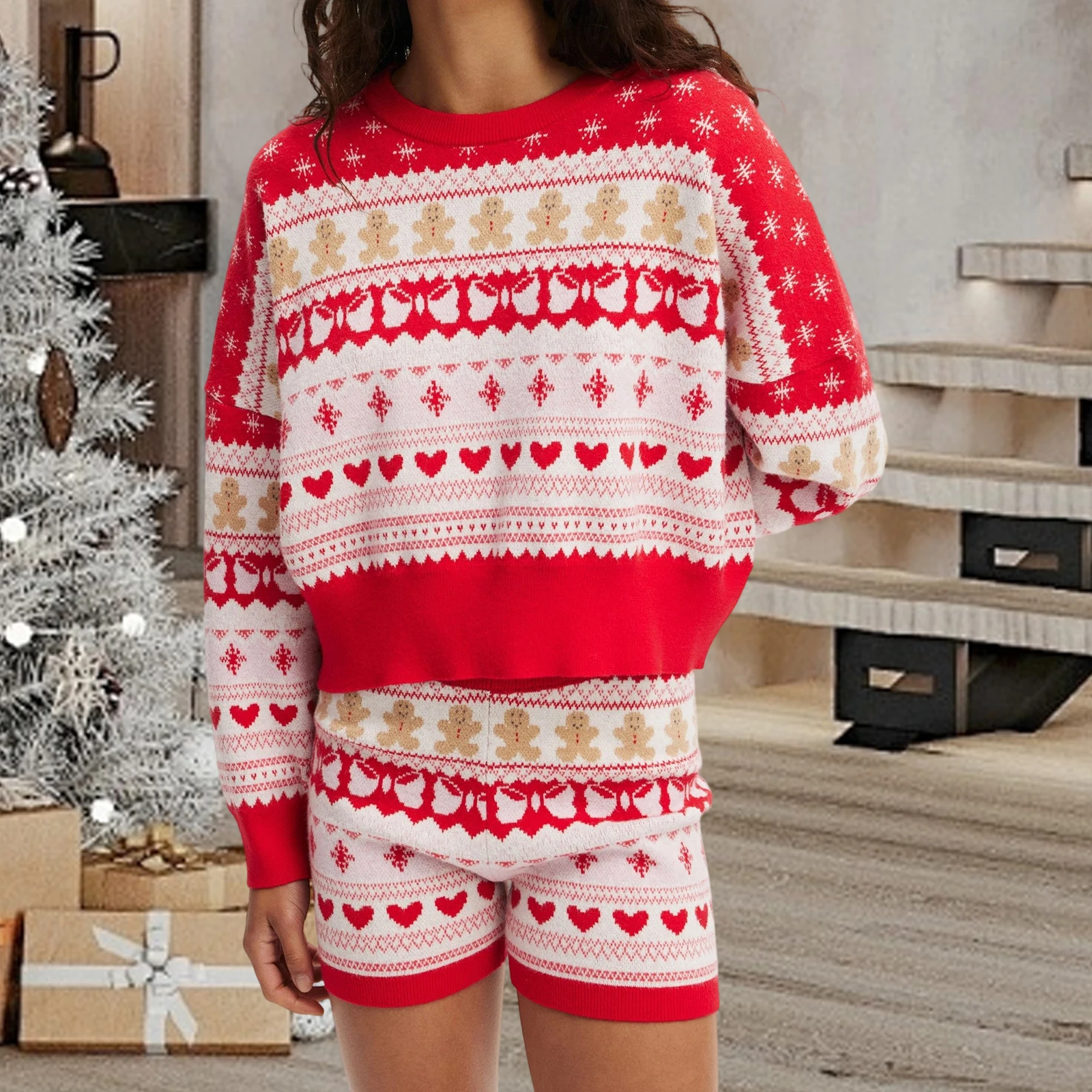 Traje de Navidad para mujer, suéter tejido de manga larga con cuello redondo y pantalones cortos de cintura elástica, disfraz de fiesta