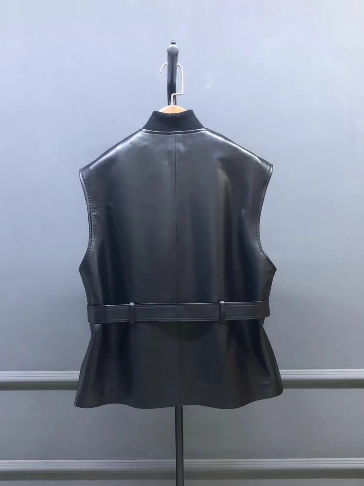 Office Ladies O Neck Genuine Leather Sleeveless Jacket Single Breasted Sashes High Waist Women Vest Loose Fit Casual Waistcoat