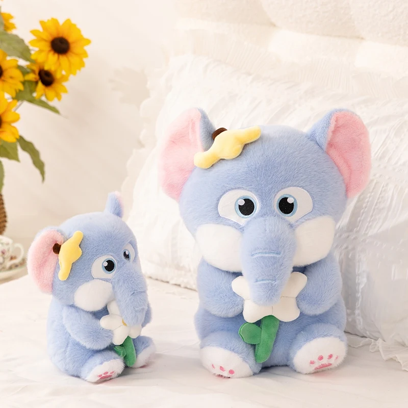 

Cute Holding Flower Little Elephant Plush Toys Cozy Stuffed Cartoon Blue Big Eyes Elephant Doll Kids Companion Romantic Gift