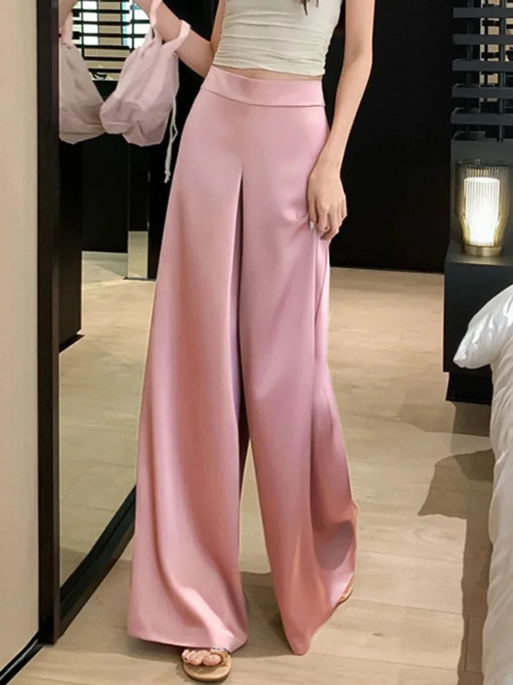 Satin Wide-Leg Pants Women Spring Bell-Bottoms Pants Loose Casual Pants High Waist Oversized Long Pantalons
