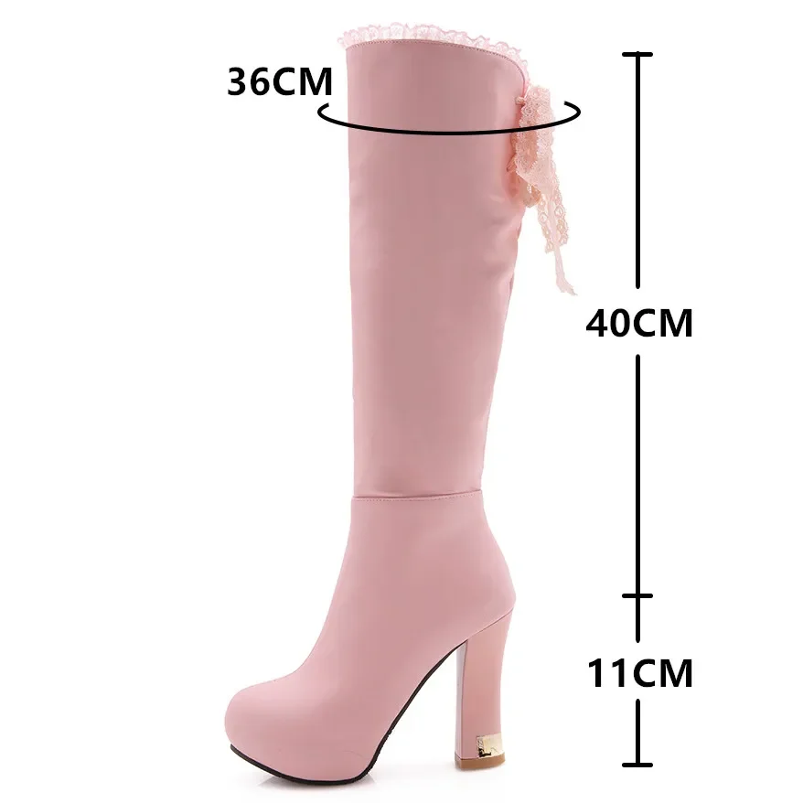 2024 Spring Autumn Knee High Boots Women Fashion Square Heel Zipper Lace Long Boots Woman Leather Shoes Winter White Pink Black