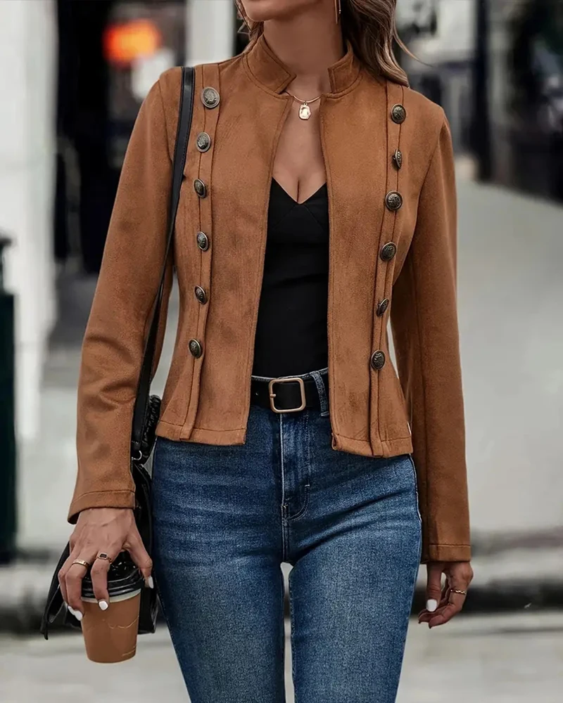 

Осенне-зимняя куртка с воротником-стойкой и декоративными пуговицами спереди