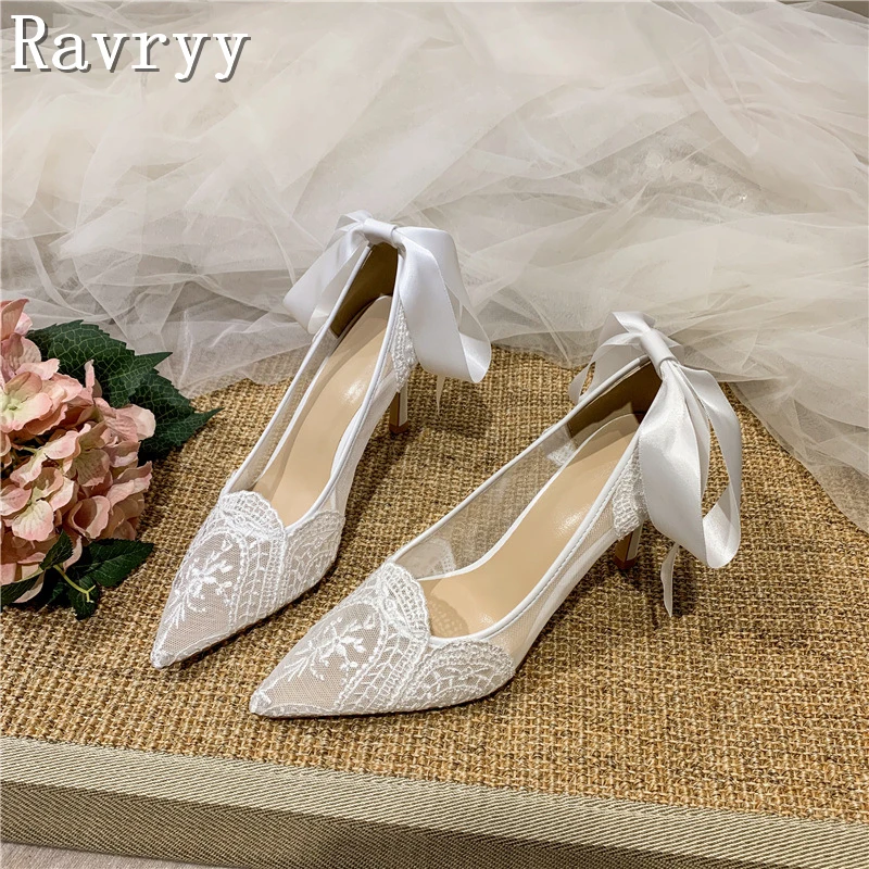 Designer White Lace Wedding Bridal Shoes Pointed Toe Hollow Bow Tie Slip-On Stiletto Pumps Elegant Women Banquet Dress Shoes