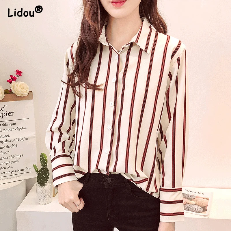 

All Season Straight Striped Turn-down Collar Button Temperament Blouses Women's Clothing 2022 Fashion Office Lady Simple Trend