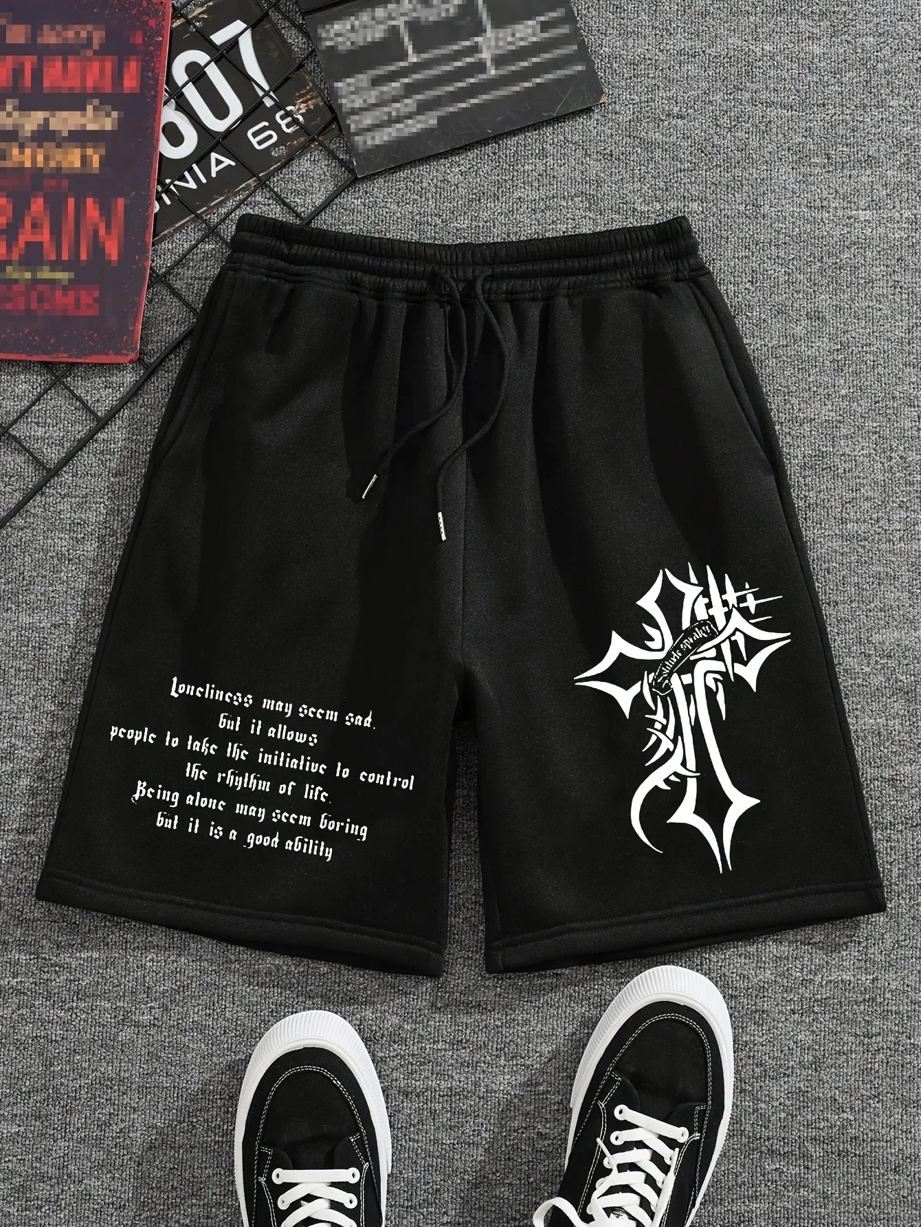 

New Men's Casual Athletic Shorts Black with Gothic Cross Print Elastic Waistband Drawstring Lightweight Regular for Casual Tops