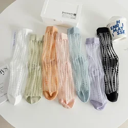Crystal Silk Socks Women Casual Striped Summer Ultra-thin Transparent Elastic Long Socks Polka Dot Mesh Lace Kawaii Cute Socks