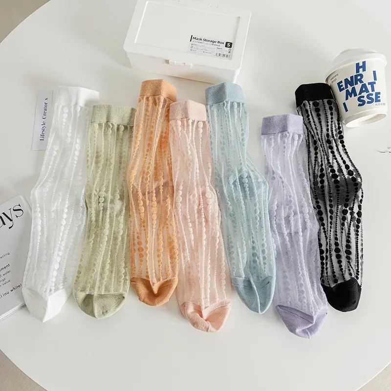 Crystal Silk Socks Women Casual Striped Summer Ultra-thin Transparent Elastic Long Socks Polka Dot Mesh Lace Kawaii Cute Socks