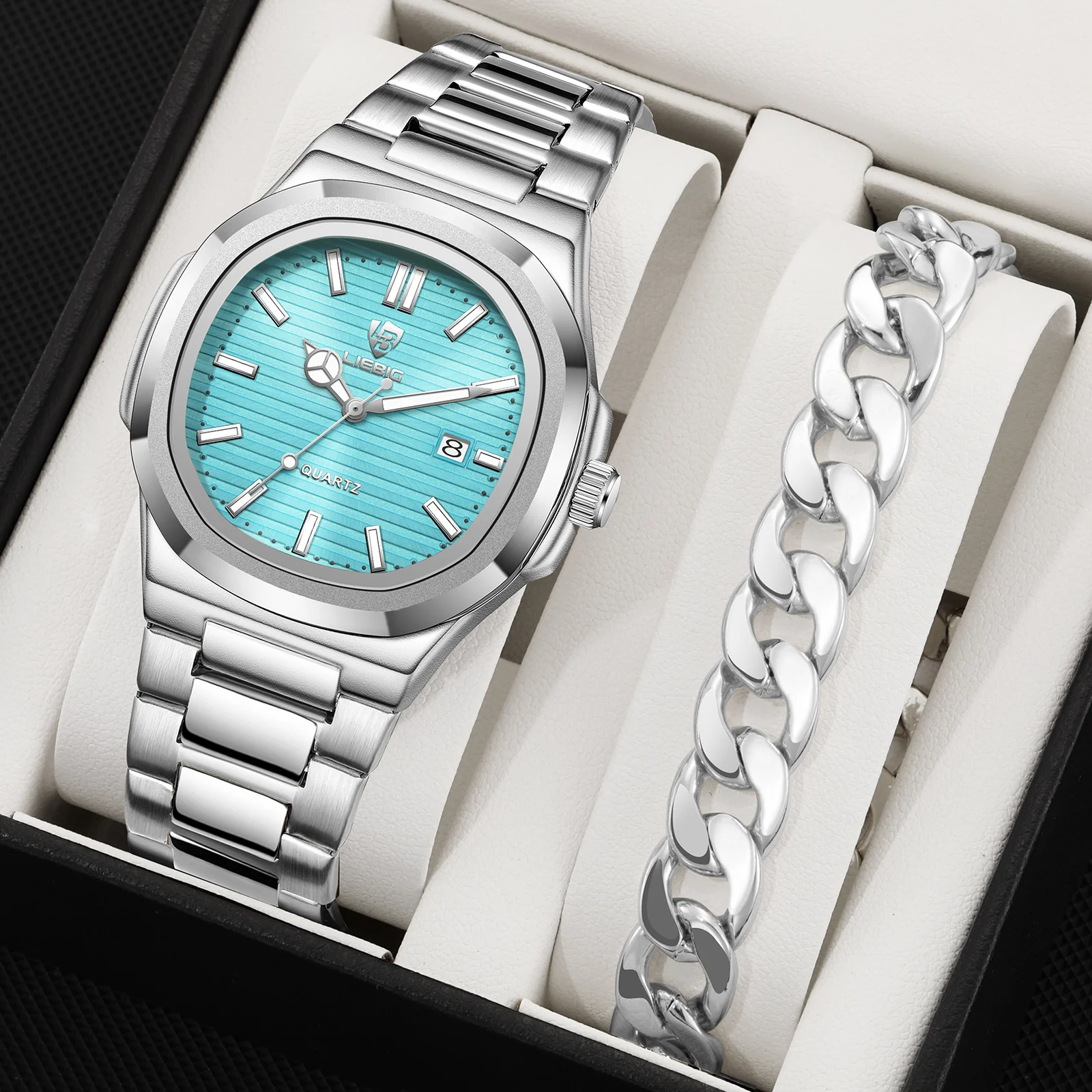 

LIEBIG Мужские деловые классические часы Кварцевые часы с механизмом для мужчин и женщин Роскошный календарь Водонепроницаемые наручные часы и браслет