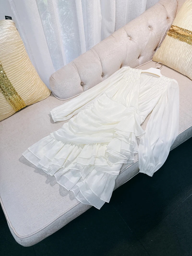 

French Sle V-Ne Bubble Sve Pleated Wrap Bodycon Dr Asymmetrical Hemline Midi Dr Polyester Fabric Soft And Comfor...