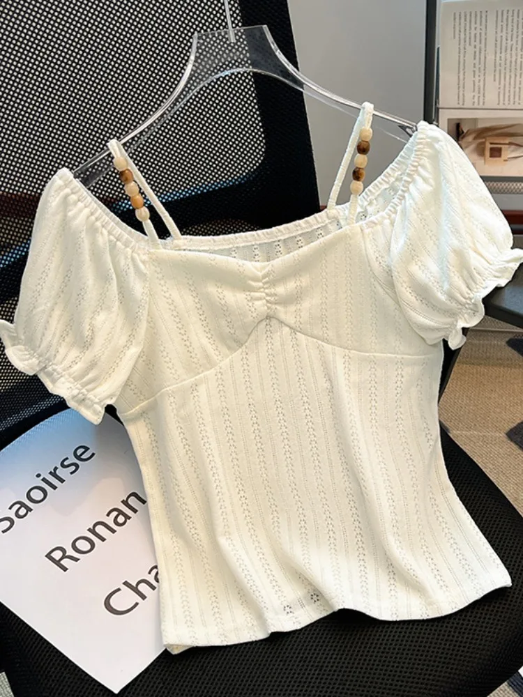 

Summer Slim Fit ort Sve oulder Bared Two-Way Wear Strap Women's T-irt Korean Sle Cotton Blend Elastic Fiber Top