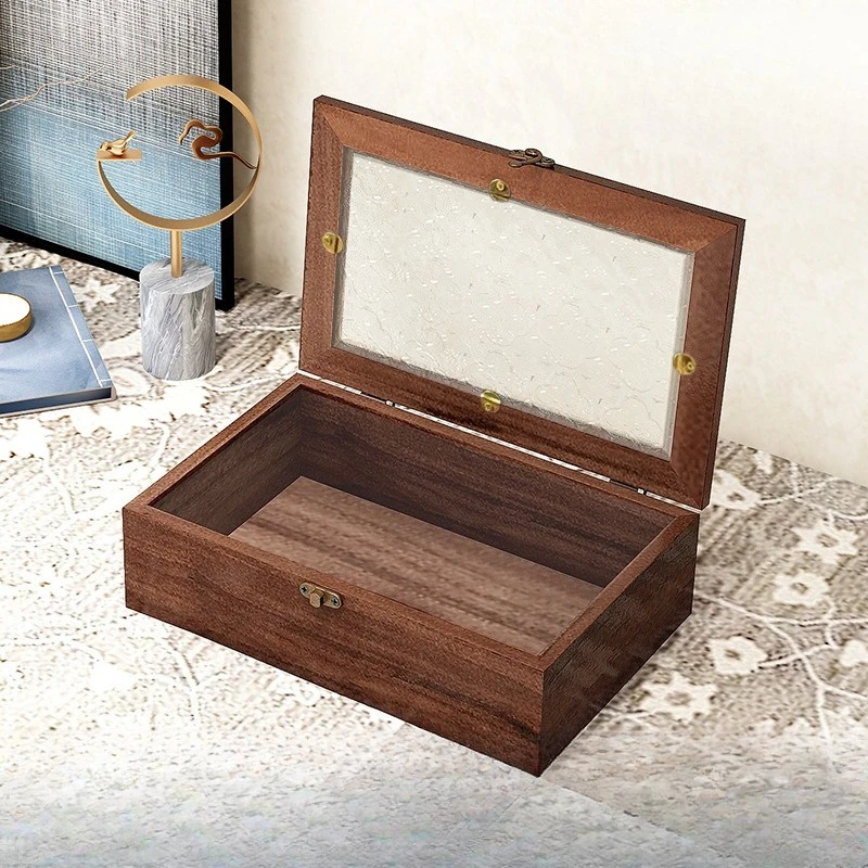 

Винтажная деревянная откидная коробка со стеклянной крышкой, органайзер для хранения ювелирных изделий для настольных аксессуаров