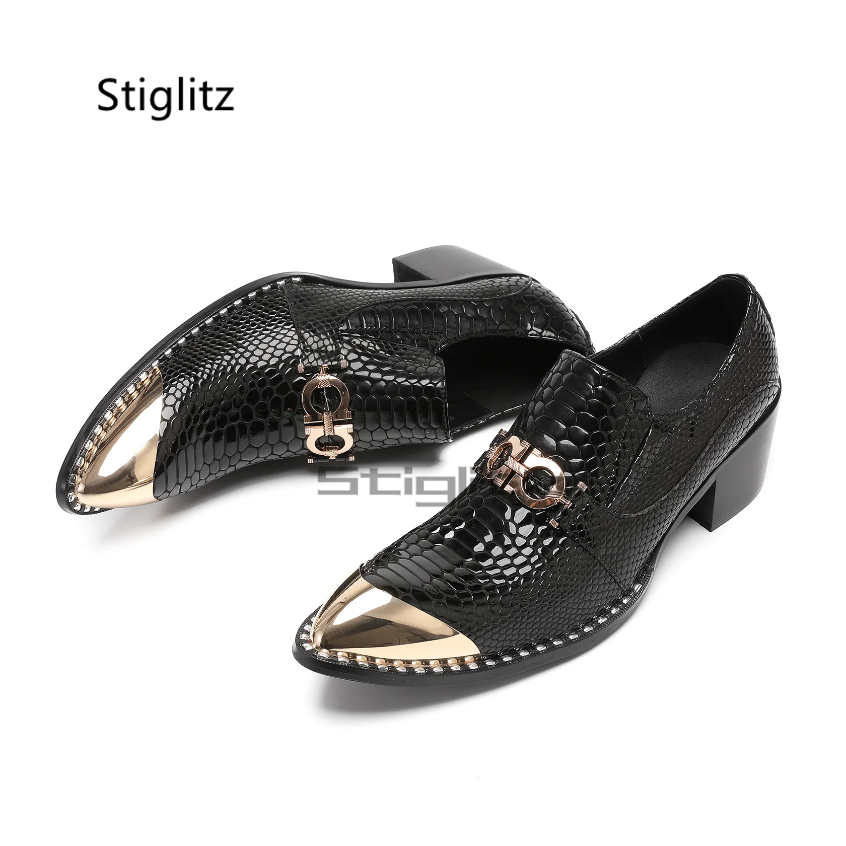 Genuine Leather High Heel Men's Shoes Metal Pointed Toe Metal Buckle Decor Business Snake Pattern Elegant Gentleman Shoes