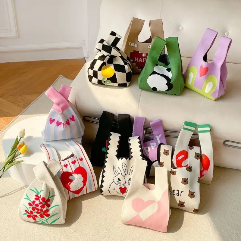 

Women'S Knot Wrist Bag Handmade Knitted Bag Portable Mini Striped Tote Bucket Phone Bags Large Capacity Autumn Winter Handbags