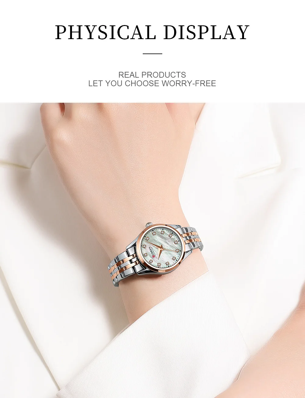 CURREN Damenuhr mit zweifarbigem Edelstahlarmband, 28-mm-Zifferblatt mit Strassmarkierungen, schimmerndes Muschelzifferblatt, elegante Idee – Detail 6