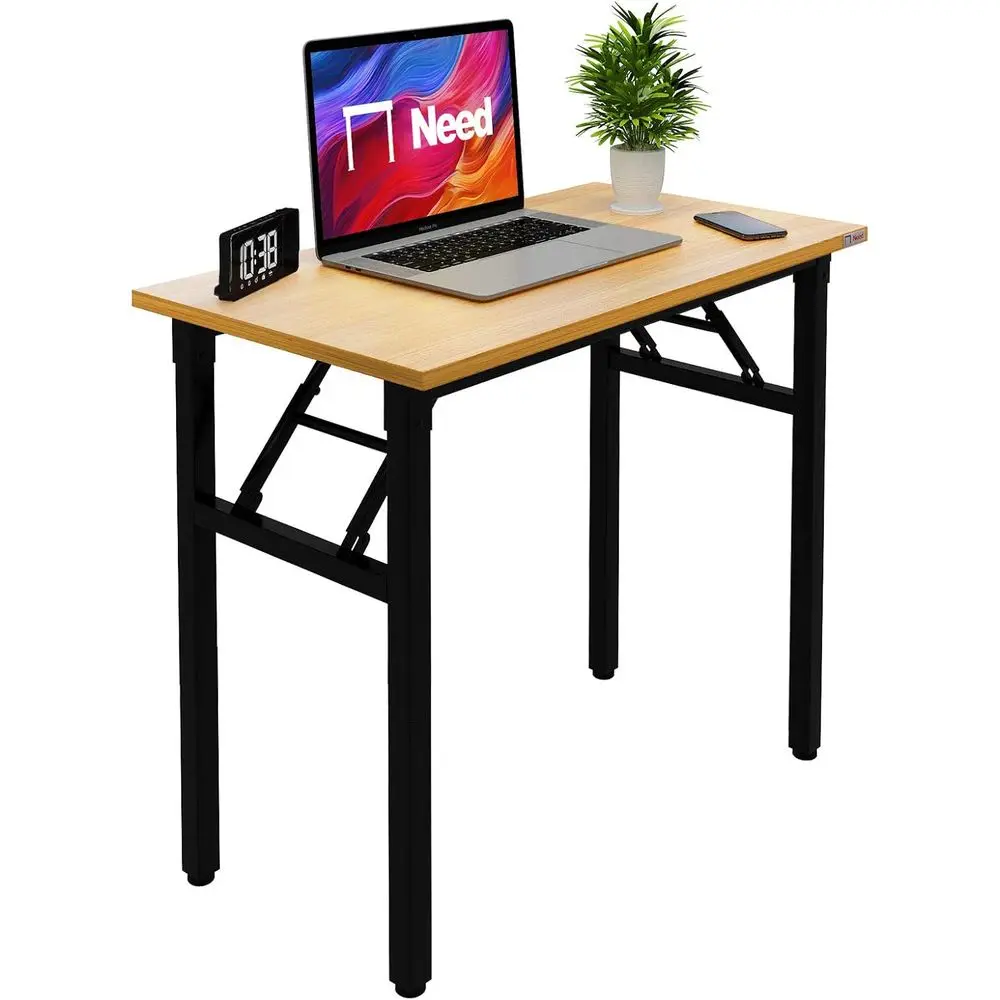 

Compact Teak & Black Computer Desk for Small Spaces, Home Office, or Dormitory, Ready to Use, 31.5