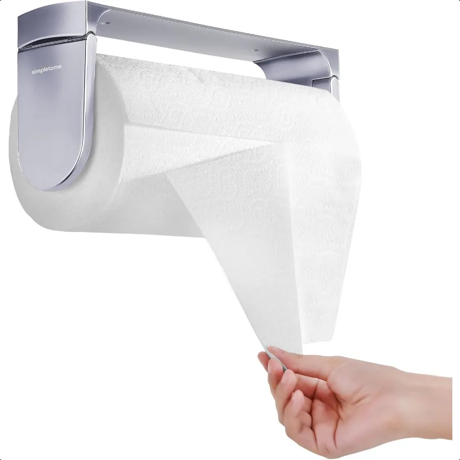 ONE HAND TEAR Paper Towel Holder Under Cabinet Adhesive or Drilling Installation Aluminum Alloy + ABS Pearl Chrome Sier