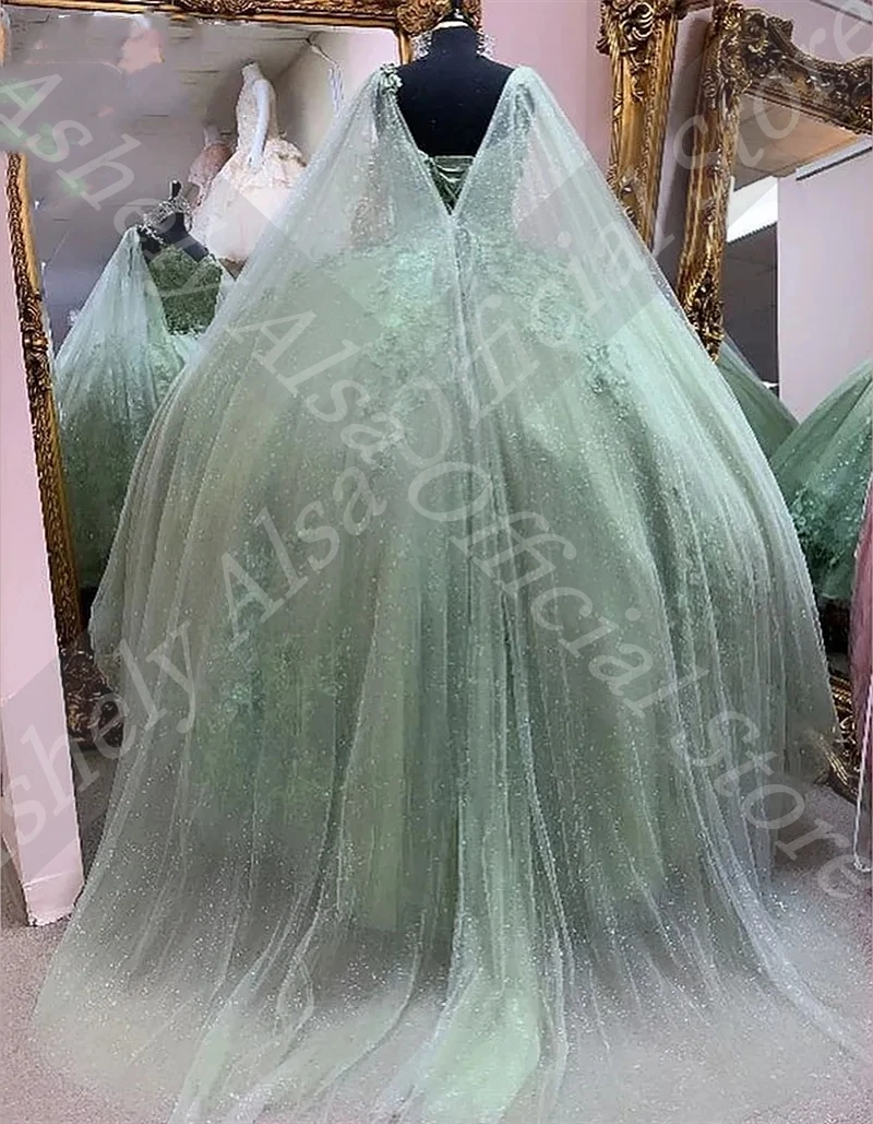 Maßgeschneidertes Mintgrünes echtes süßes 15- bis 16-jähriges Mädchen-Quinceanera-Kleid mit Spitzenapplikation, Korsett, bodenlang, Abschlussball, Party, Anlass