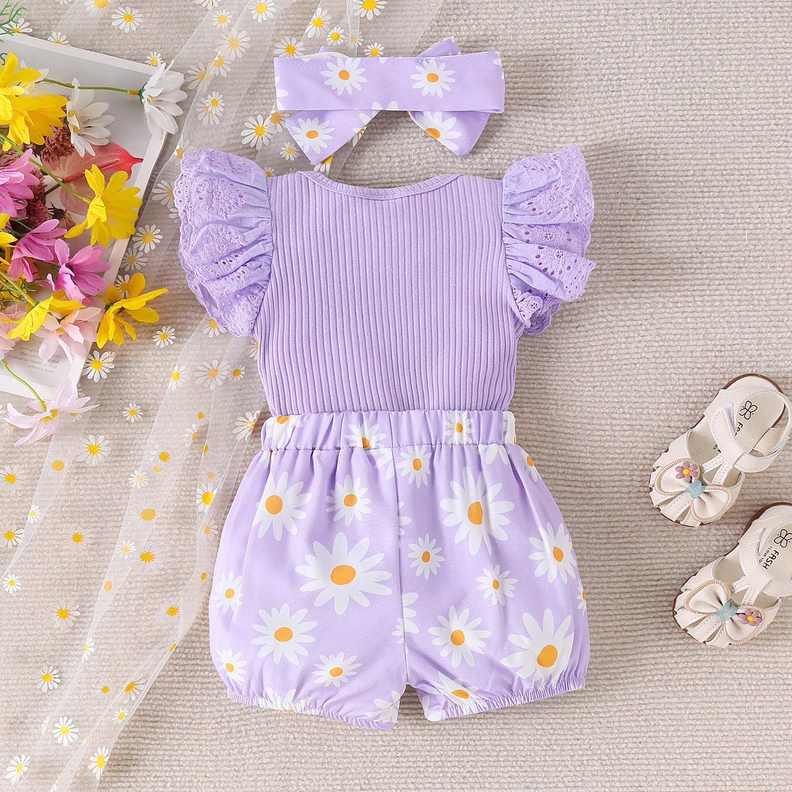 3PCS Summer 0-1 Year Old Girl Baby Sweet Fashionable Cute Letter Pit Strip Flying Sleeve Top + Printed Shorts Set