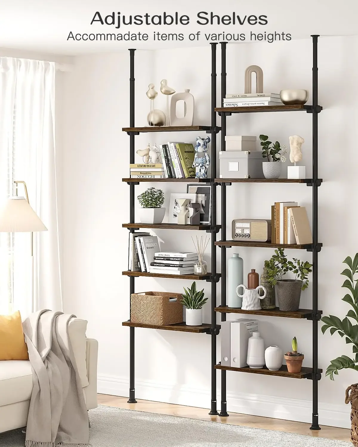 5 Tiers Narrow Bookshelf, Tall Adjustable Ladder Book Shelf with Open Storage, Floor to Ceiling Tension Mount, Wooden In