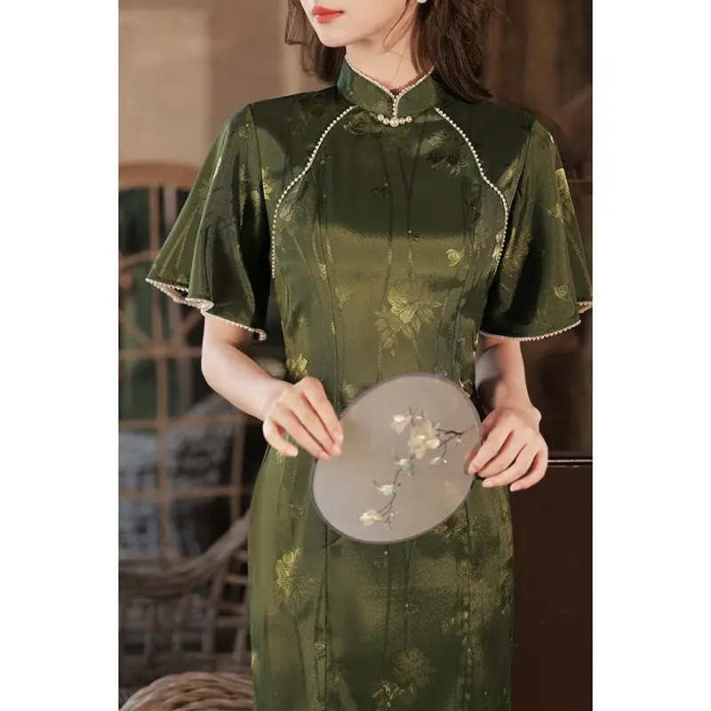 

Vibrant cheongsam dark green pearl flying sleeve print slit Chinese style female spring and autumn daily photo party qipao dress