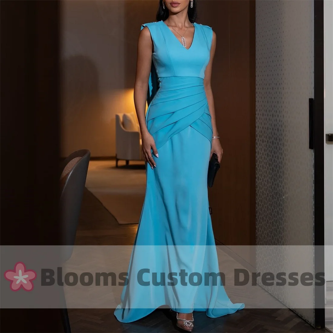 Blooms V-neck Sleeveless Chic Design Prom Dress Mermaid Ruched Satin Party Gown Elegant Evening Dresses Formal Dress