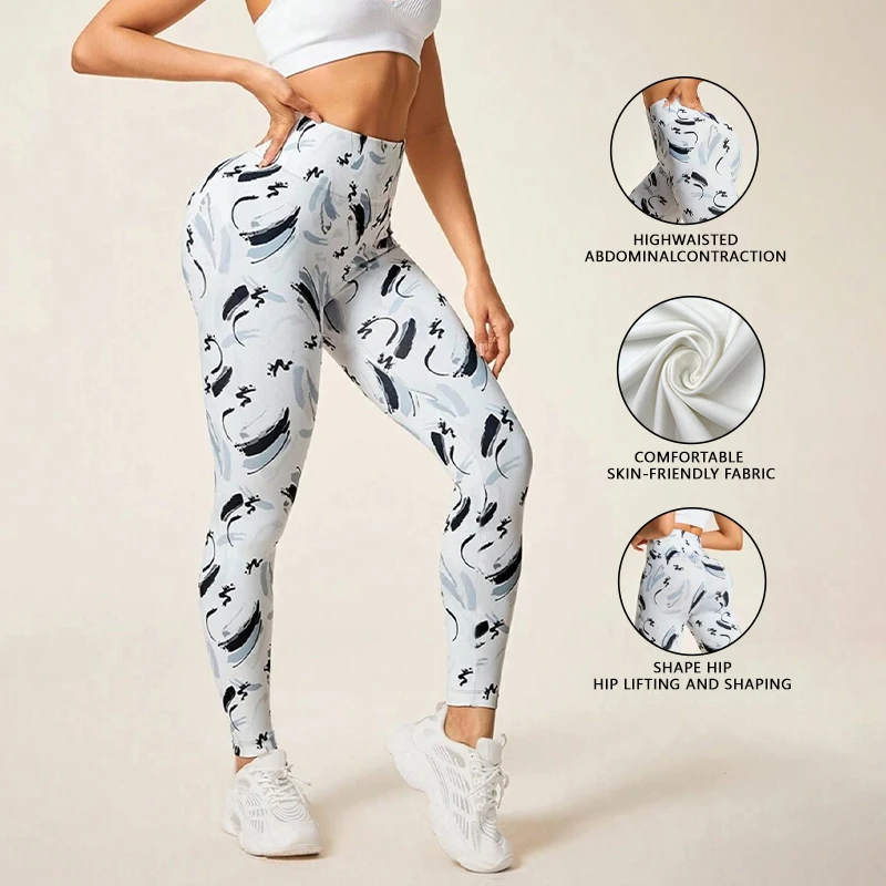Women's Knitted Print Leggings Pants High Waist No Roll Down Breathable Quick Dry Gym Fitness Running Hip Lifting Sports Wear