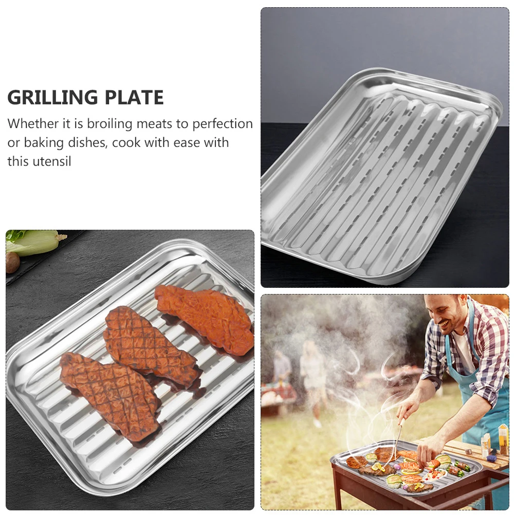 

Stainless Steel BBQ Grill Pan Wavy Surface Non-Stick Baking Tray Household Barbecue Plate for Meat Chicken Bacon Large for Home
