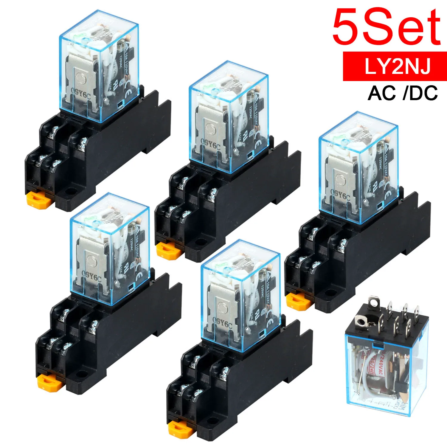 5Sets LY2NJ HH62P Relay DC12V/24V/36V/48V/110V/220/240/380V AC 10A 8PIN Coil Power Relay DPDT HHC68A-2Z With Socket Base JQX-13F