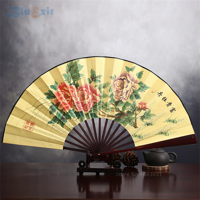 Pintura Chinesa Ventilador Dobrável, Flores Tradicionais, Caligrafia, Arte Estilo Antigo, Bambu, Peônia, Flores de Ameixa, Orquídeas, Ópera