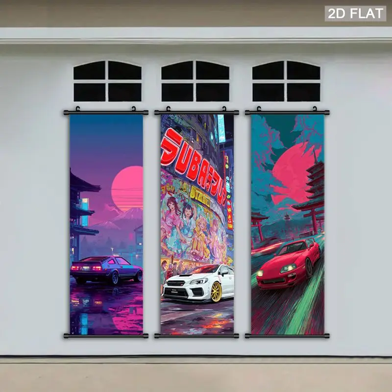 VIKAMA Japanese Anime Cyberpunk Wall Scroll Tapestry Neon City Retro Car Mount Fuji Red Sun Hanging Scroll Wall Art Room Decor