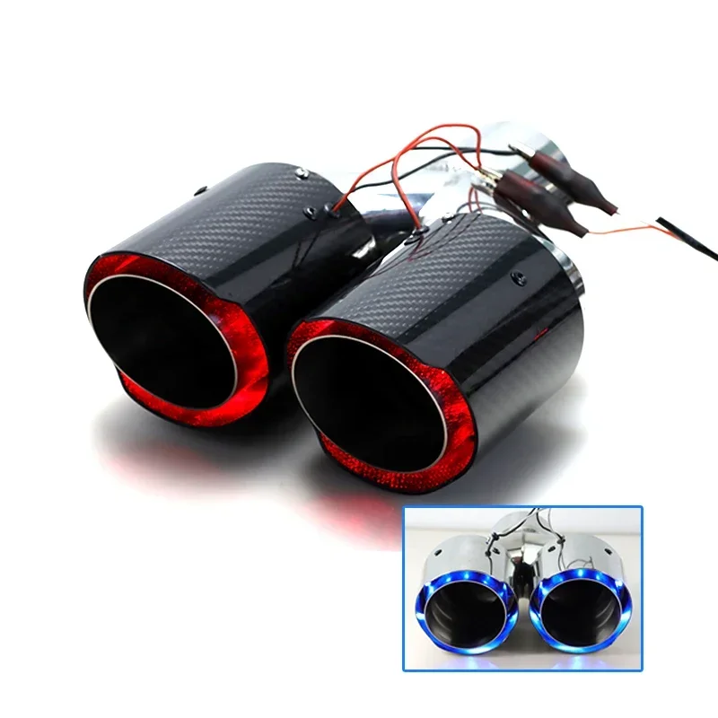 

LED Exhaust Muffler Tips True Carbon Fiber Dual Tube with Red or Blue Light Universal Modified Exhaust Tips