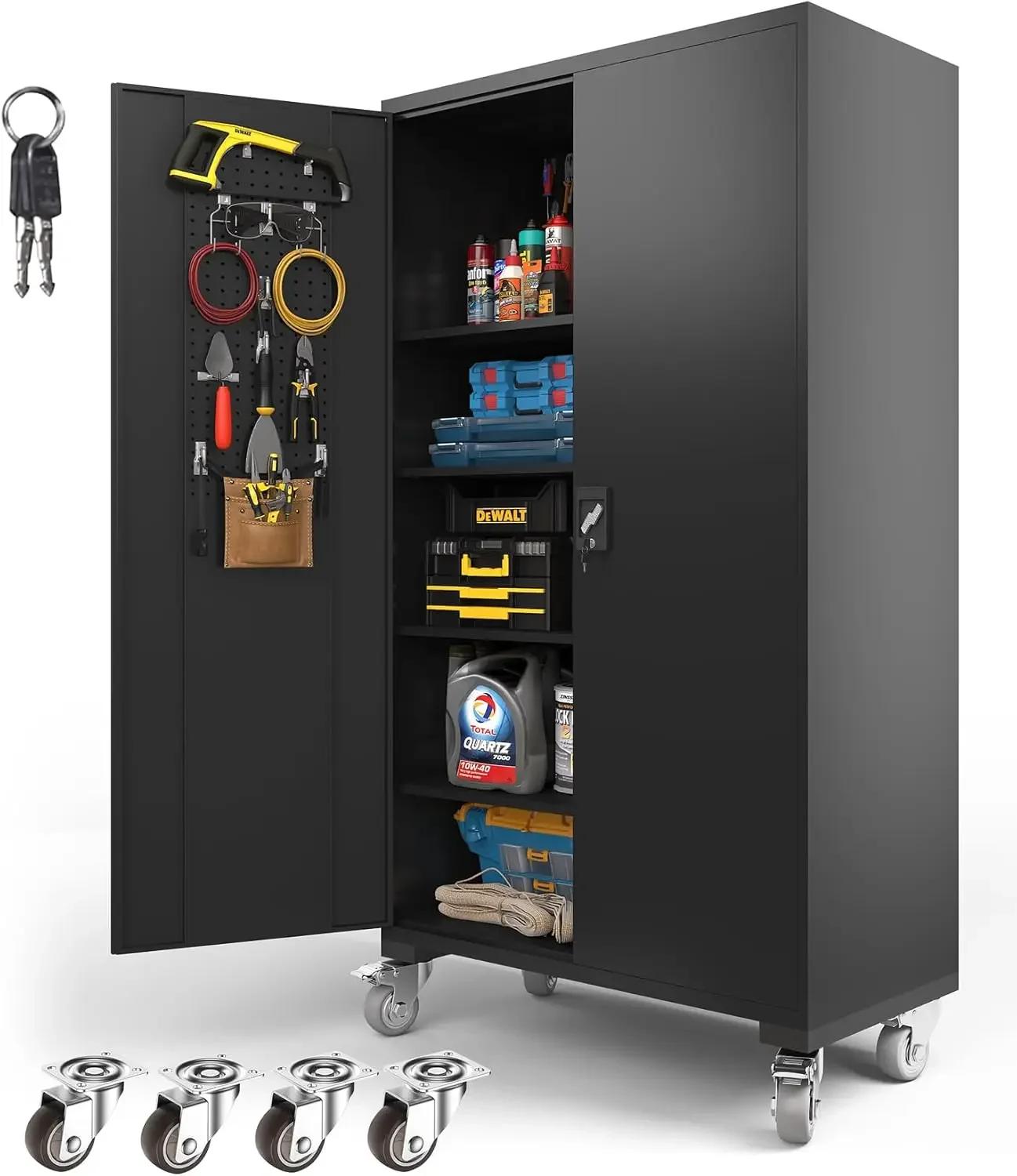 Upgraded Wide Metal Storage Cabinet - 72 Inch Black Lockable Garage Cabinet with Wheels & 4 Adjustable Shelves | Heavy-Duty