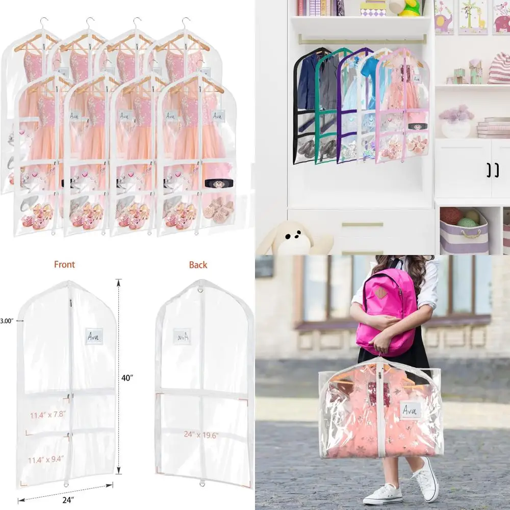 حقيبة ملابس تنكرية للرقص من مادة PVC الشفافة مقاس 40 بوصة حقيبة ملابس معلقة للرقص للأطفال، مع 4 جيوب متوسطة شفافة بسحاب أ