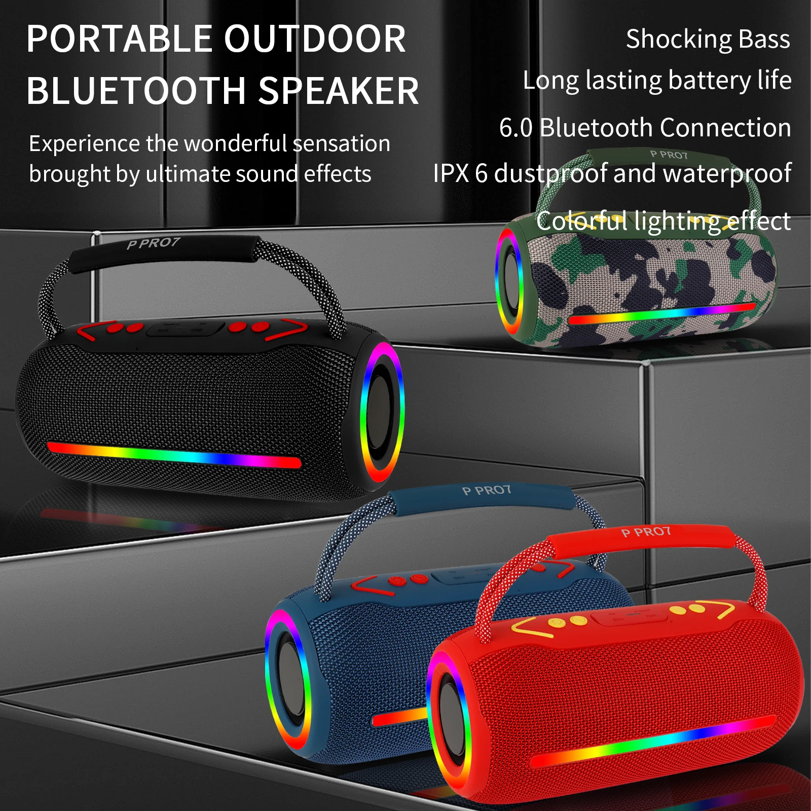 

QUEED P Pro7 Outdoor Bluetooth Speaker Waterproof Portable Subwoofer Powerful Bass RGB Lights TF Card Slot USB AUX Support