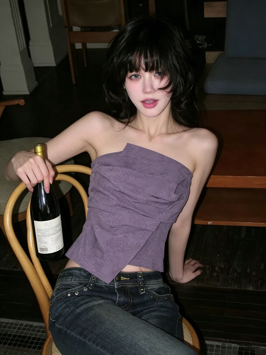 Sexy Purple Strapless Vest Top Women's Design Asymmetrical Short Sleeveless Base Layer Outdoor Yoga Leisure Sports Climbing Home