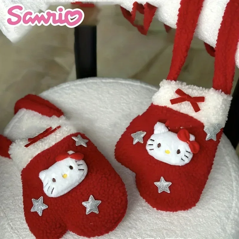 

Sanrio Hello Kitty Plush Fur Crossbody Bag Retro Winter Glove Red KT Diagonal Cross Bag Christmas Party Winter Novelty Glove Bag