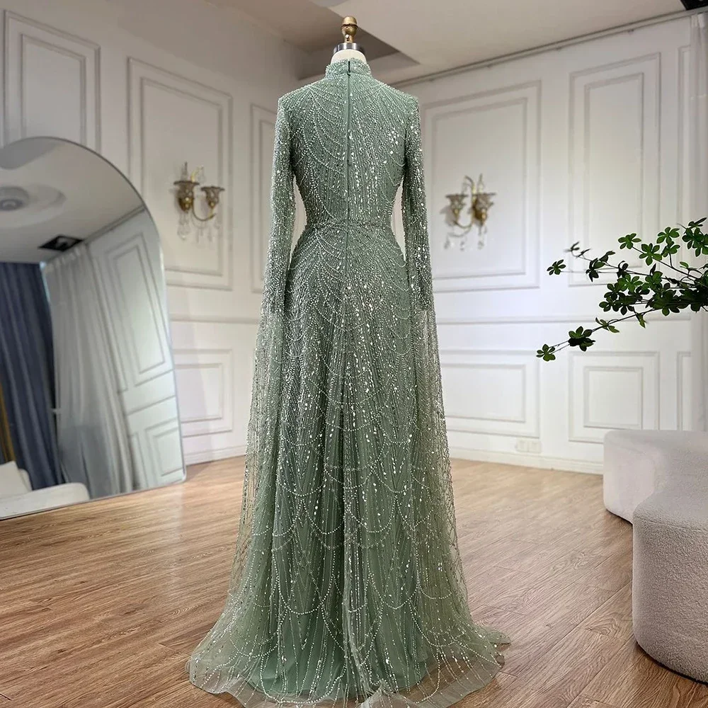 SERENE HILL Customized Arabic Sage Green Luxury Beaded Mermaid Evening Dress 2025 Hijab Muslim Women Wedding Party Gown CLA72591